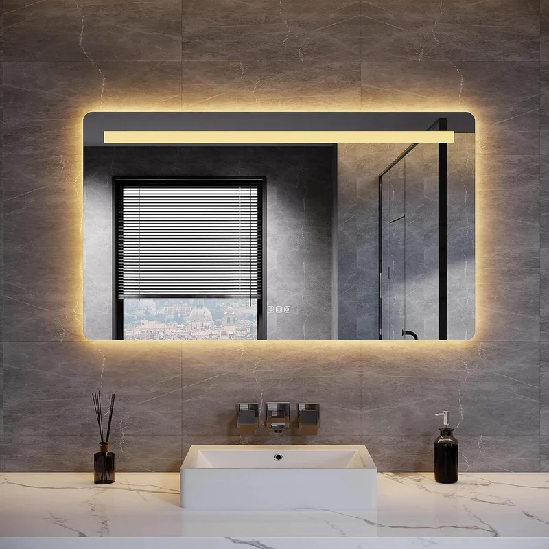 SONNI Badezimmerspiegel mit Beleuchtung, Kosmetikspiegel, Wandspiegel, linearem Lichtstreifen, DREI Farbtemperaturen + stufenloses Dimmen + Steckdose, beschlagfrei, Dual-Touch, Badspiegel