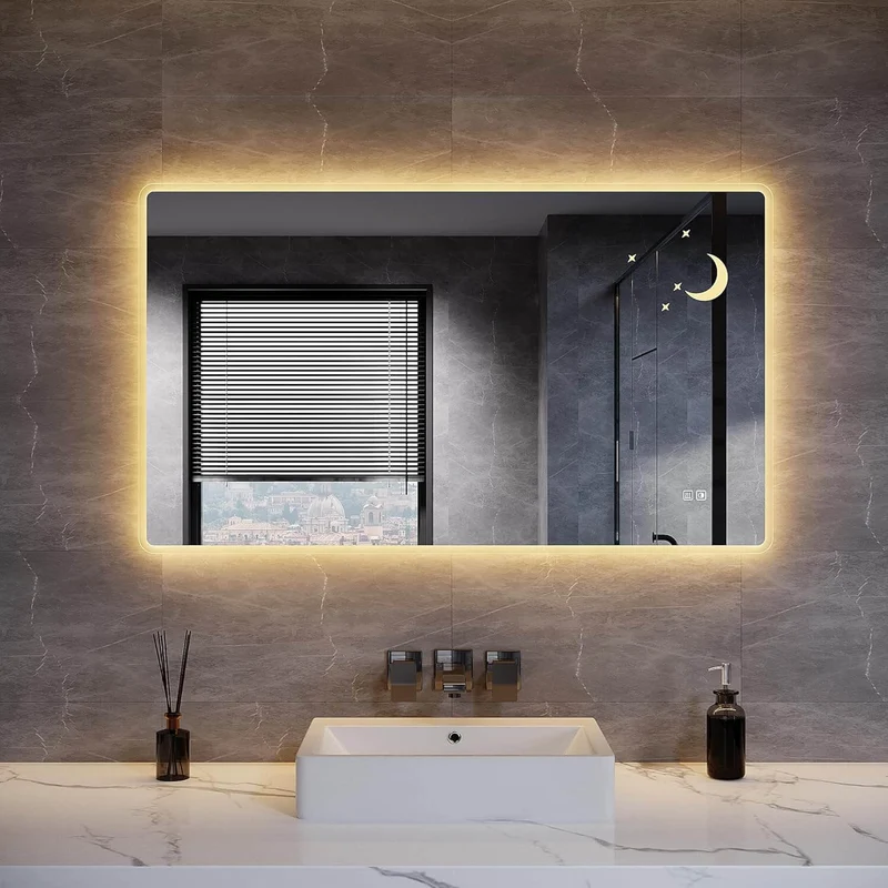 SONNI Badezimmer Spiegel mit Beleuchtung Wandspiegel, Kosmetikspiegel mit modernes Muster, 3 Farbe einstellbar, Steckdose und Antibeschlag, horizontal oder vertikal montierbar