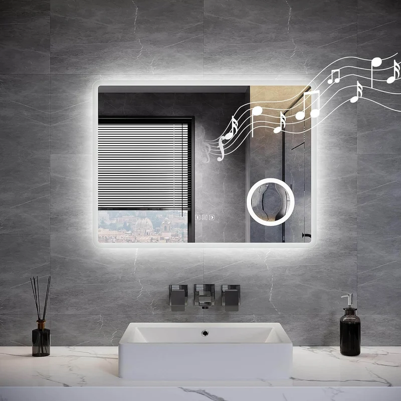 SONNI LED Badspiegel Wandspiegel Bad mit Beleuchtung, 3 Farbe modi+Stufenlose Dimmung, Steckdose, Bluetooth und 3X Lupe, Kosmetikspiegel mit Anti-Beschlag und Touch-Schalter