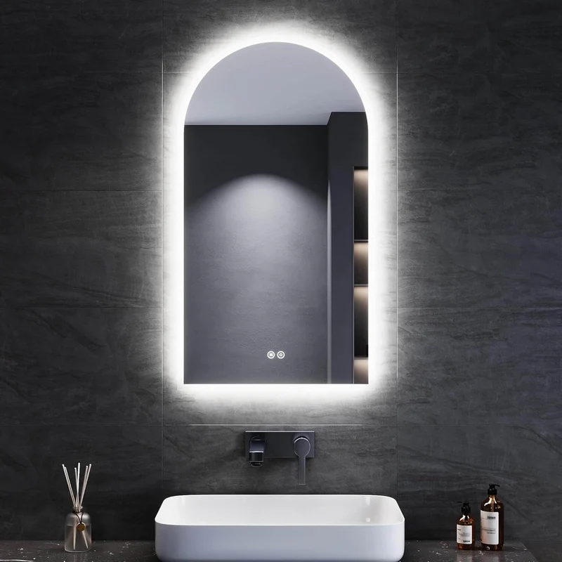 SONNI Badezimmerspiegel mit Beleuchtung Bogen LED Badspiegel mit Steckdose + Touch-Bedienung + Anti-Beschlag + 3 Farben, Dimmbar & Stromausfallgedächtnis