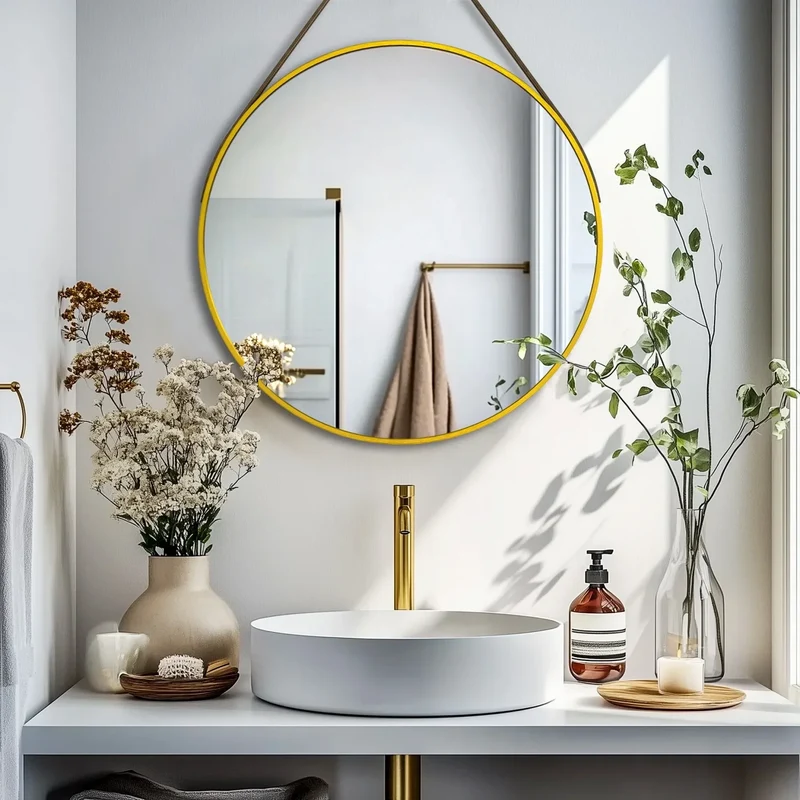 Miroir pour une Entrée Rond avec Sangle en Cuir