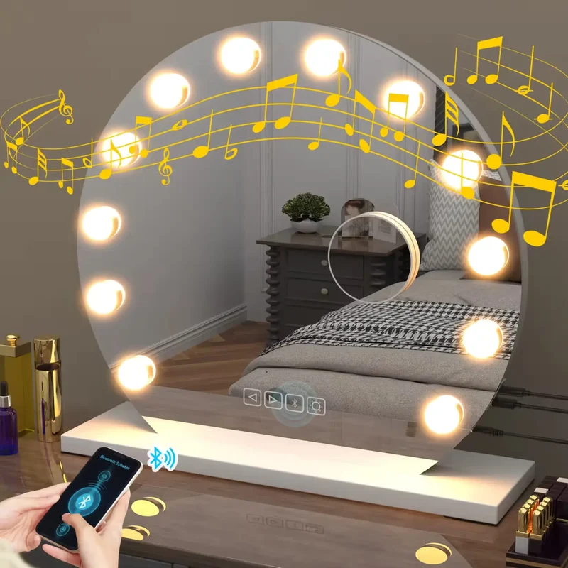 Coiffeuse Miroir Rond LED Hollywood Bluetooth avec Zoom 10X