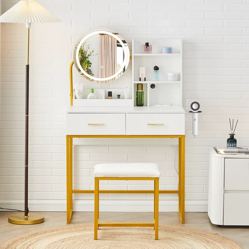 Coiffeuse Maquillage avec Miroir LED Rond et Connectique USB Intégrée