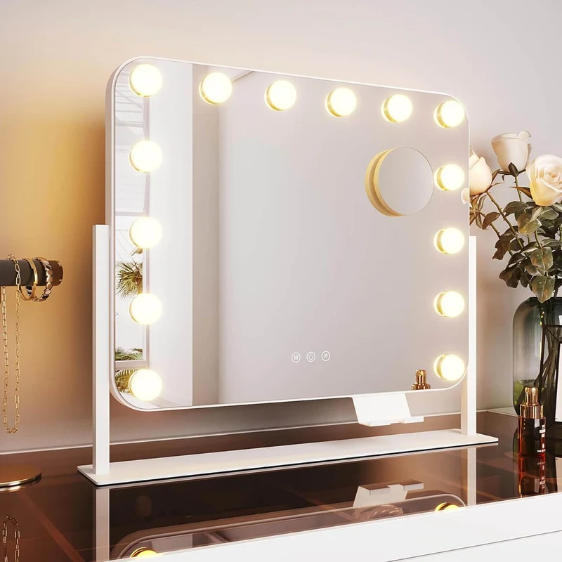 SONNI Hollywood Schminkspiegel, 360°drehbarer Schminktisch Spiegel mit 3 Lichtmodi und 14 Licht Dimmbar, mit Handyhalter und USB, 10X Vergrößerung, Smart Touch Steuerung 50x40cm