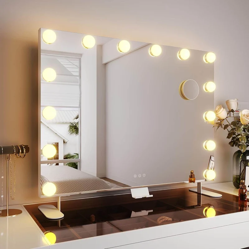 SONNI Hollywood Schminkspiegel, 80x60cm, Schminktisch Spiegel mit 3 Lichtmodi und 14 Licht Dimmbar, LED Tischspiegel mit Handyhalter und USB, 10X Vergrößerung, Smart Touch Steuerung