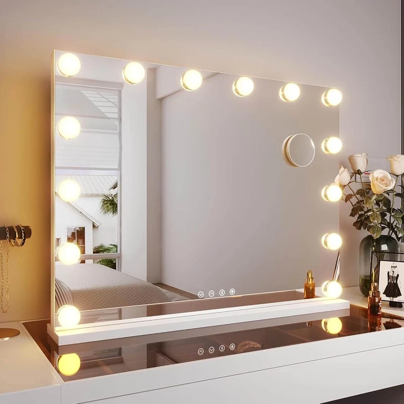 SONNI Schminkspiegel 80x60cm, Hollywood Spiegel mit Beleuchtung, 3 Lichtmodi, mit USB und Bluetooth, Kosmetikspiegel mit 10X Abnehmbare Lupe, Wandspiegel, Tischspiegel, Weiß