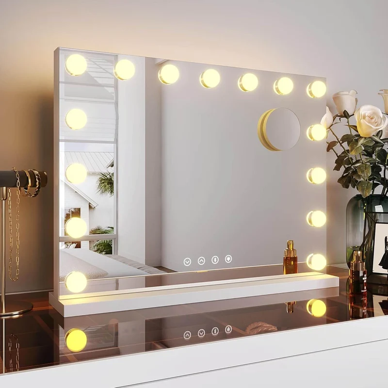 SONNI Schminkspiegel 58x43cm, Hollywood Spiegel mit Beleuchtung, 3 Lichtmodi, mit USB und Bluetooth, Kosmetikspiegel mit 10X Abnehmbare Lupe, Wandspiegel, Tischspiegel, Weiß