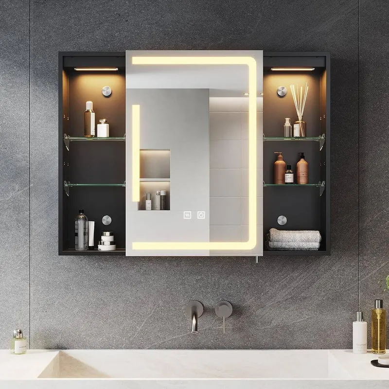SONNI Spiegelschrank Bad mit Beleuchtung und Lagerung 80x60 cm, LED Spiegelschrank mit Steckdose, Dimmbar, 3 Einstellbare Lichtfarben Beschlagfrei Badezimmer Wandschrank, Medizinschrank Mattschwarz