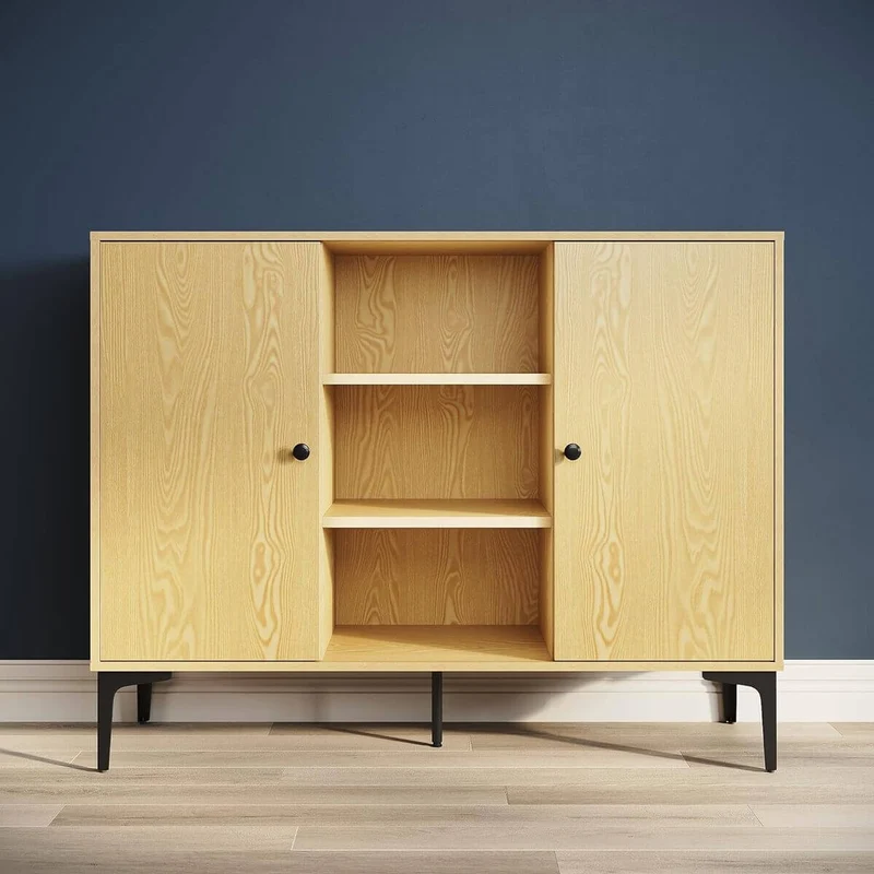 SONNI Sideboard, Küchenschrank, Aufbewahrungsschrank mit 2 Tür, 3 offene Regal, Bauernhaus-Kaffeebarschrank, Mehrzweckschrank, für Wohnzimmer, Küche, Schlafzimmer, Esszimmer, 120x35 x93 cm, Holzfarbe