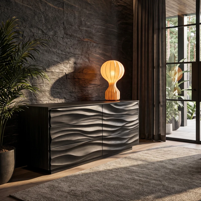 Modern Black Dresser With Wave Carved Front And Square Edge Design For Bedroom SINLHADR012