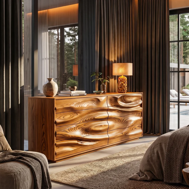 Contemporary Wooden Dresser With Sculpted Ripple Drawers For Bedroom SINLHADR014