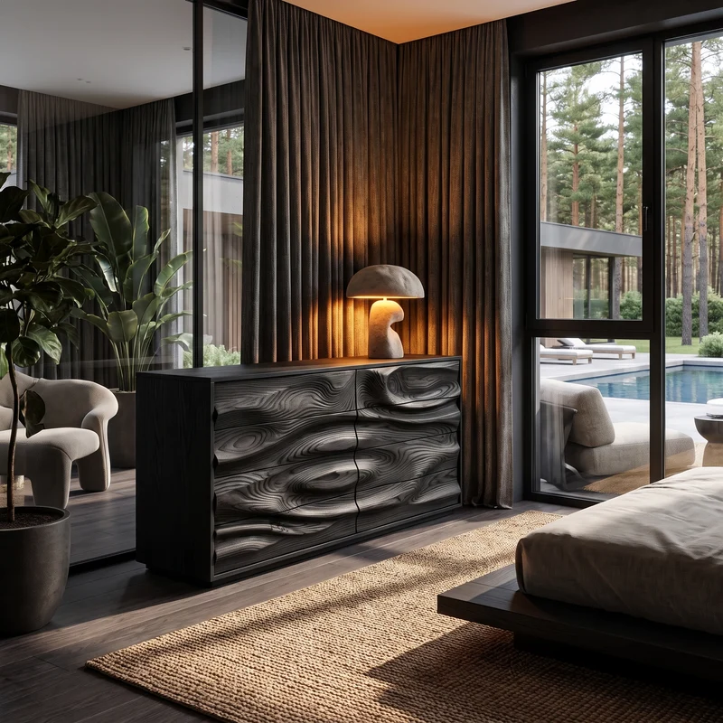 Contemporary Wooden Dresser With Sculpted Ripple Drawers For Bedroom SINLHADR014