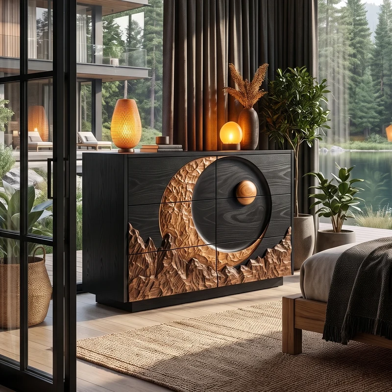 Mid Century Dresser With Celestial Eclipse Carving For Bedroom SINLHADR018