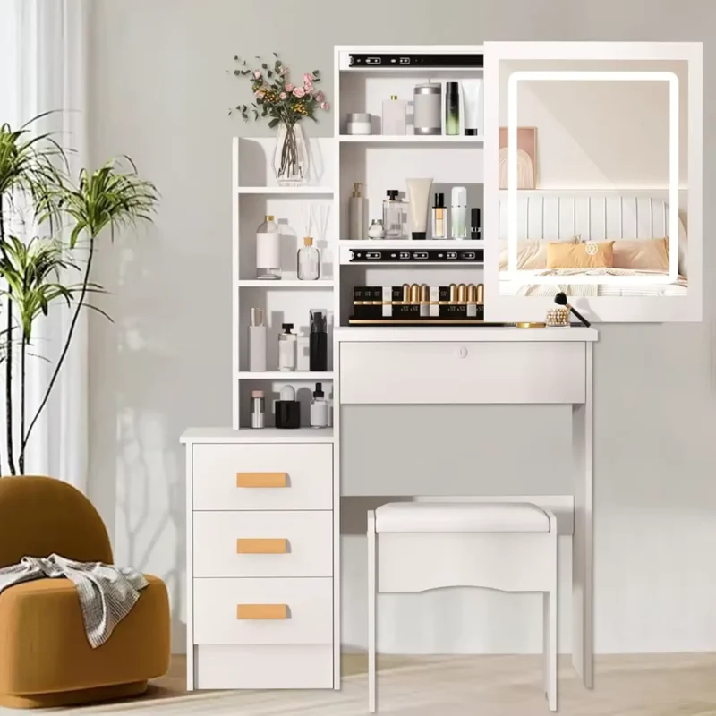 Coiffeuse Meuble Blanche avec Miroir LED et Tabouret