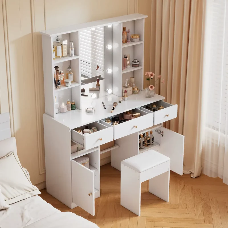 Coiffeuse avec Tabouret Rembourré Assorti, Miroir LED et Rangements
