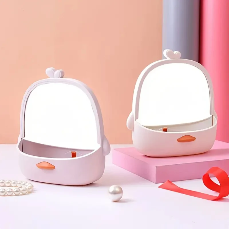 Miroir de table kawaii avec rangement — 18×17 cm, à poser ou mural