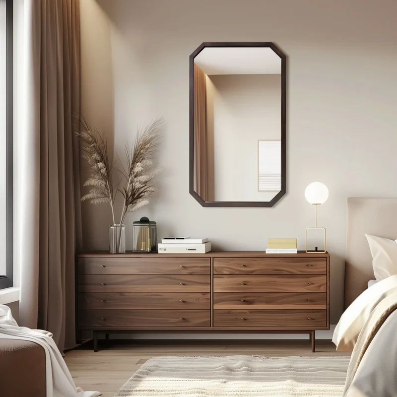Miroir Octogonal en Bois Massif – Élégance Naturelle pour Salon, Chambre ou Entrée