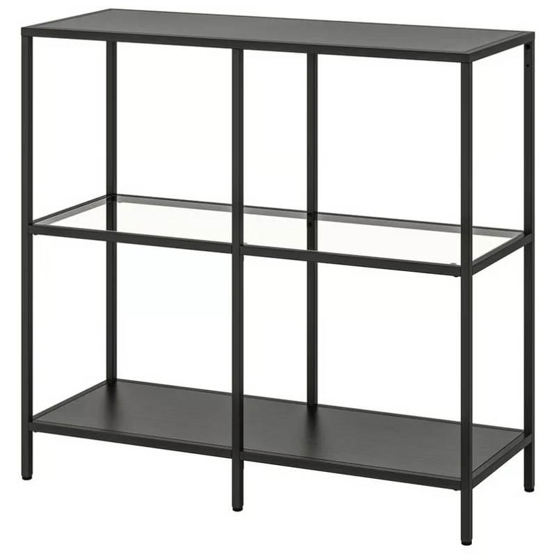 VITTSJÖ Shelving unit, black-brown/glass, 100x93 cm
