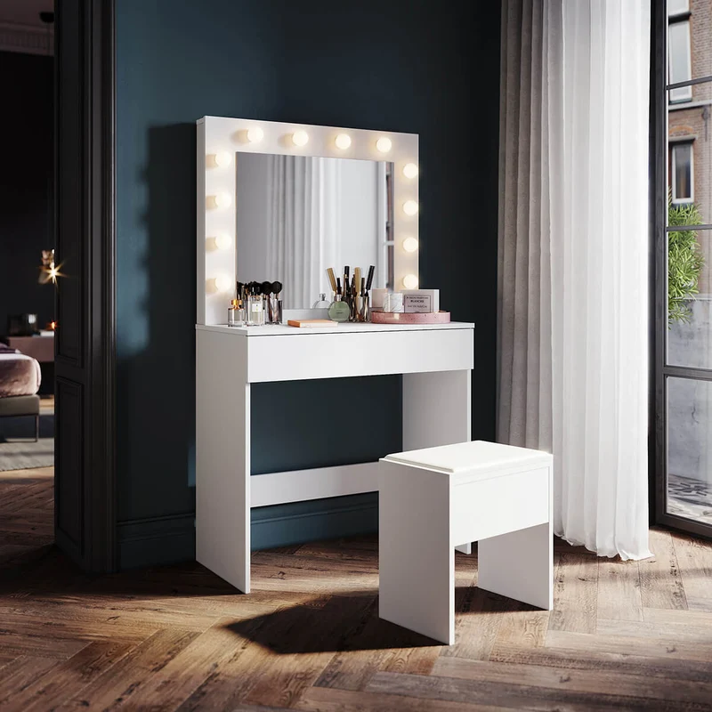 SONNI Schminktisch mit Hocker Spiegel, Kosmetiktisch mit Schubladen für Schlafzimmer, Frisiertisch Schreibtisch aus MFC und Massivholz, Kinderleichte Montage, Weiß