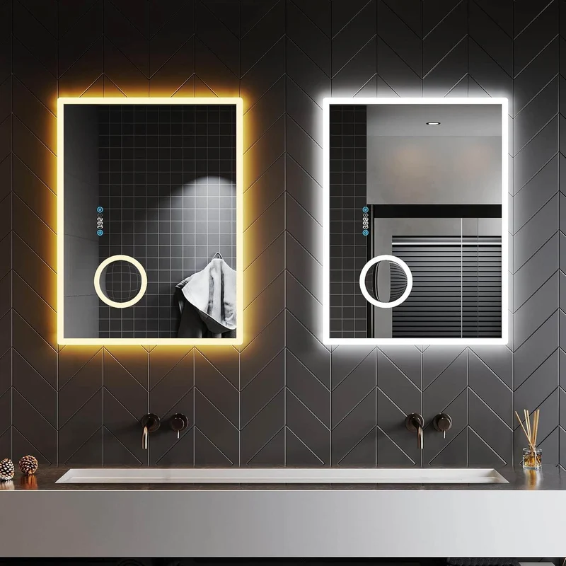 SONNI Badezimmerspiegel mit Beleuchtung Anti-Beschlag LED Touchschalter, Uhr, Temperatur, 3-Fach Vergrößerung, 60 cm