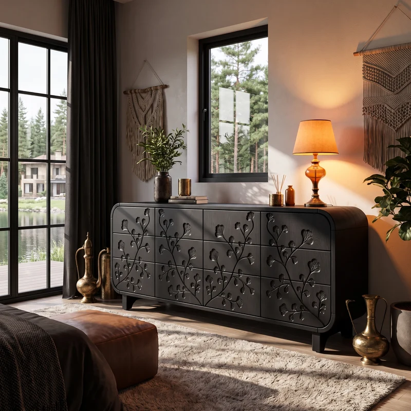Minimalist All Wood Dresser With Subtle Leaf Carving And Soft Rounded Frame For Bedroom SINLHADR004