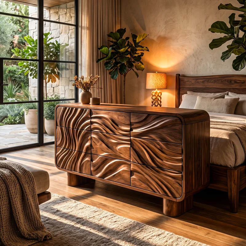 Contemporary Bedroom Dresser Drawers With Sculpted Wave Pattern And Curved Corners For Bedroom SINLHADR003