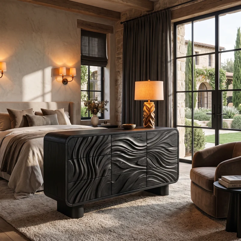 Contemporary Bedroom Dresser Drawers With Sculpted Wave Pattern And Curved Corners For Bedroom SINLHADR003