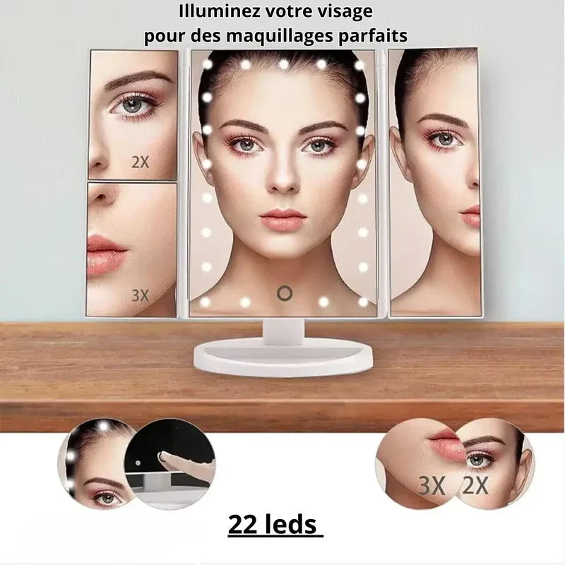 Miroir Grossissant Lumineux Triptyque LED x2 x3 Pliable
