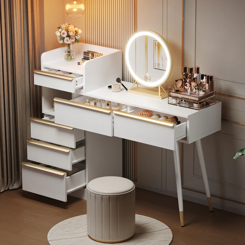 Meuble Coiffeuse avec Miroir LED et 6 Grands Tiroirs