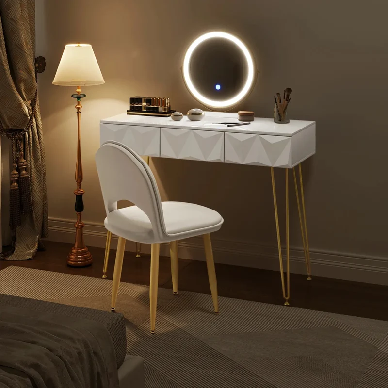 Coiffeuse avec Rangement, Miroir LED Rotatif et Chaise Incluse