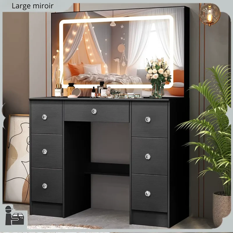 Grande Coiffeuse Miroir Lumineux Noir Mat, 7 Tiroirs 100x140 cm