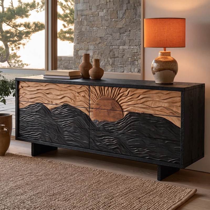 Modern Black Dresser With Mountain Landscape Carved Front For Bedroom SINLHADR007