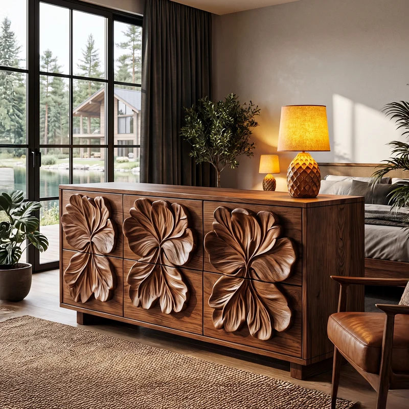 Rustic Bedroom Dresser With Hand Carved Floral Drawer Fronts And Natural Form For Bedroom SINLHADR006