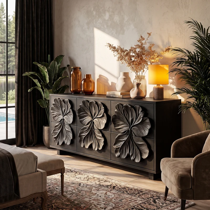 Rustic Bedroom Dresser With Hand Carved Floral Drawer Fronts And Natural Form For Bedroom SINLHADR006