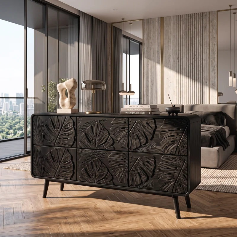 Rustic Dresser With Carved Floral Front For Bed Room SINLKIDR004