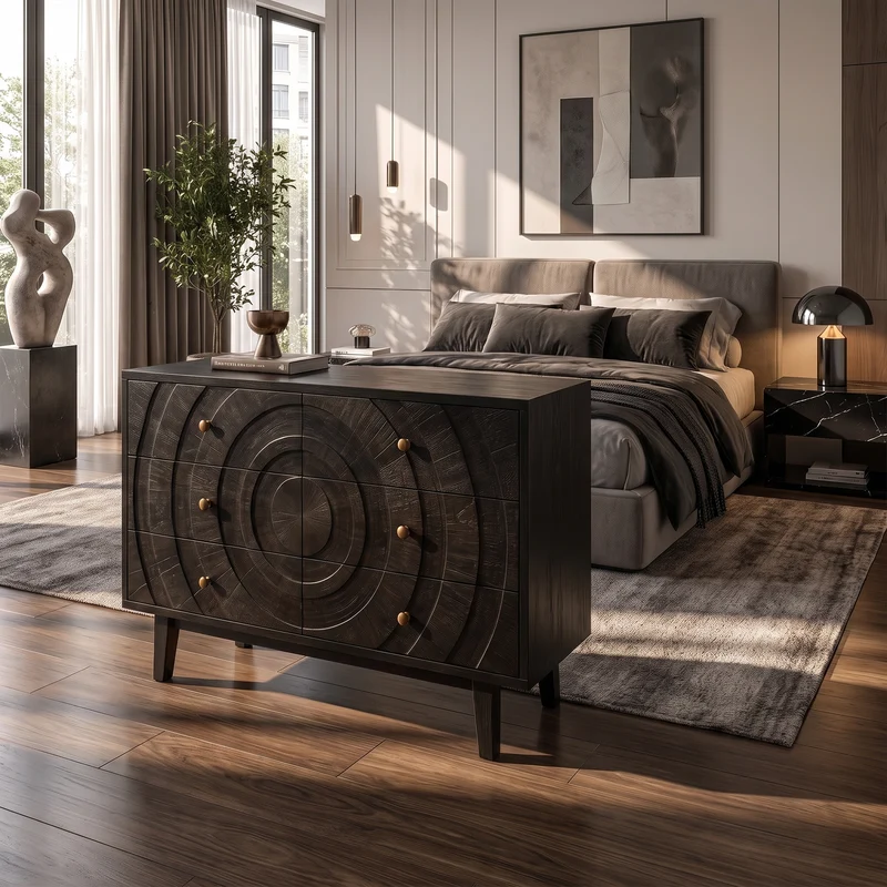 Mid Century Wooden Dresser With Concentric Circle Drawer Fronts For Bedroom SINLKIDR003