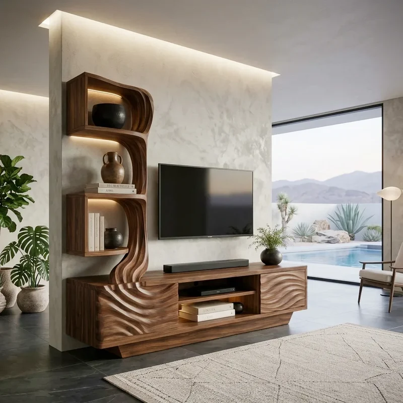 Modern Wave Carved TV Stand With Shelving For Living Room RTNGHNTVC147