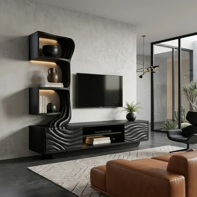 Modern Wave Carved TV Stand With Shelving For Living Room RTNGHNTVC147