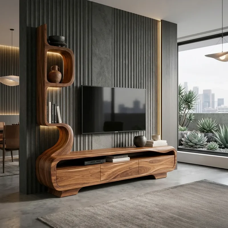 Organic Sculptural TV Console With Display Shelves For Living Room RTNGHNTVC146