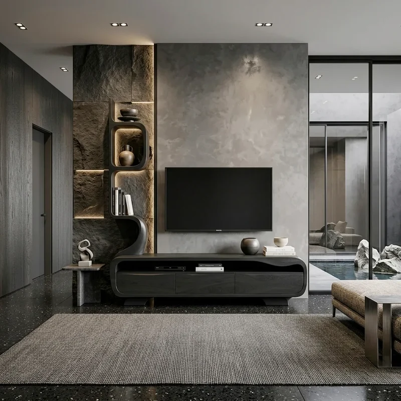 Organic Sculptural TV Console With Display Shelves For Living Room RTNGHNTVC146
