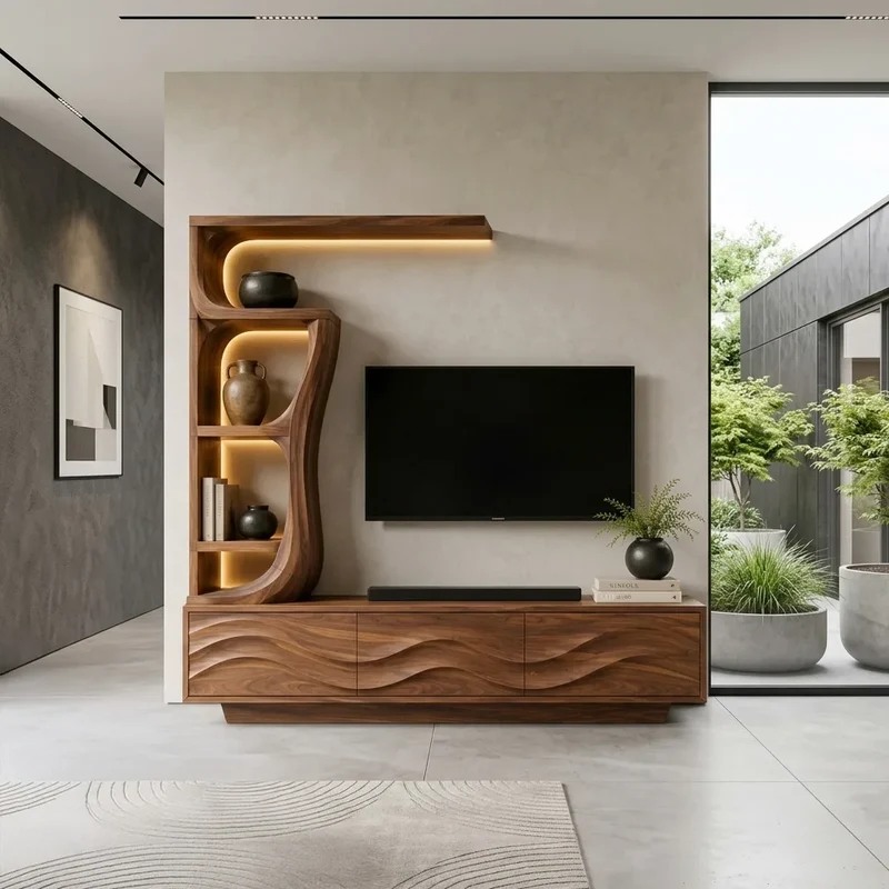 Contemporary Wave Carved Wooden TV Stand With Shelf For Living Room RTNGHNTVC145