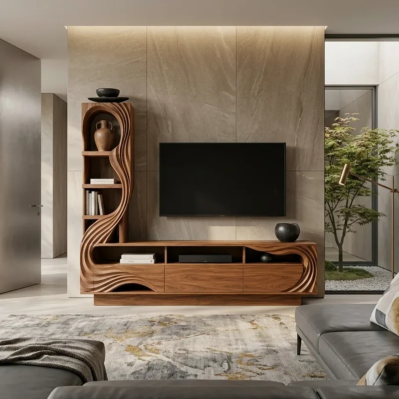 Modern Sculptural Wooden TV Console With Storage For Living Room RTNGHNTVC144