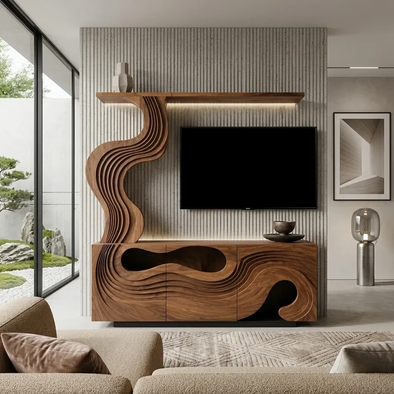 Sculptural Carved Wooden TV Stand With Display Shelf For Living Room RTNGHNTVC143