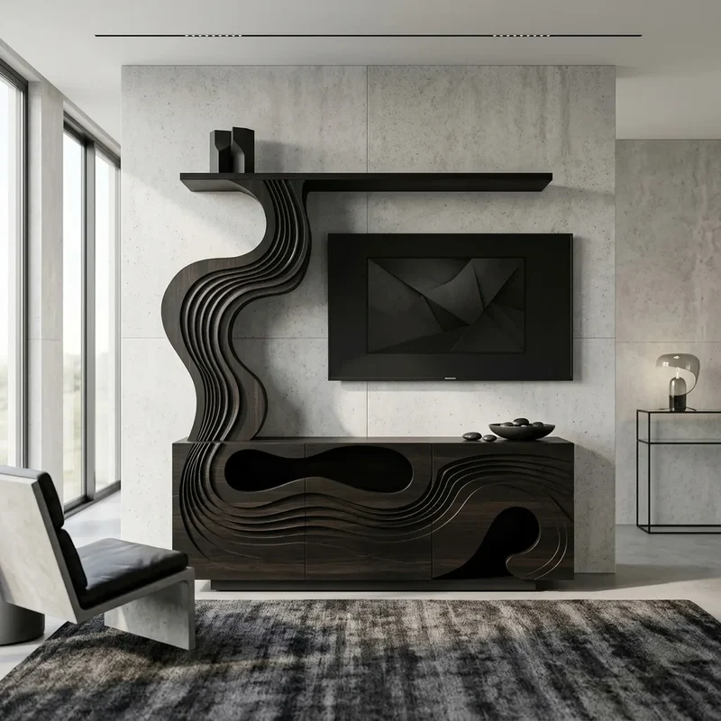 Sculptural Carved Wooden TV Stand With Display Shelf For Living Room RTNGHNTVC143