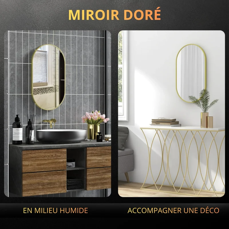 Miroir Contour Doré Ovale – Cadre Aluminium Élégant