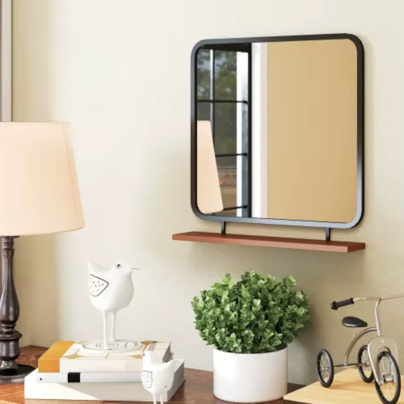 Miroir mural bois avec étagère – Design pratique et déco
