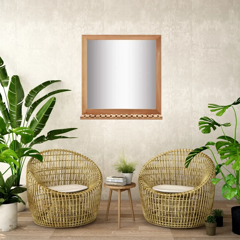 Miroir Contour Bois avec Étagère – Noyer Massif 60×62 cm