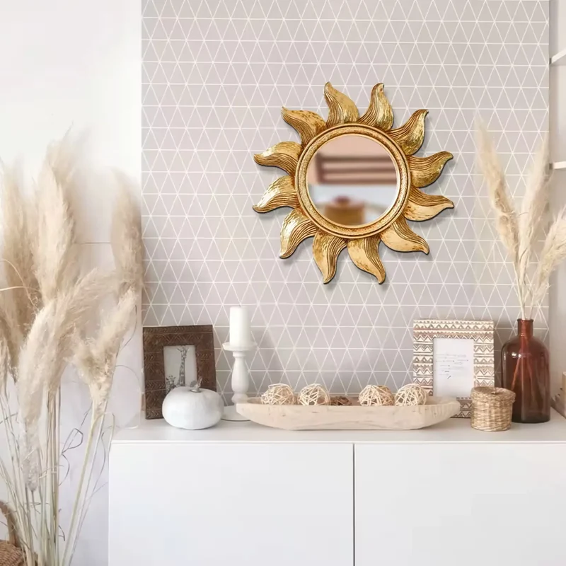Petit Miroir Doré Rond Design Soleil - 35cm Décoration Murale