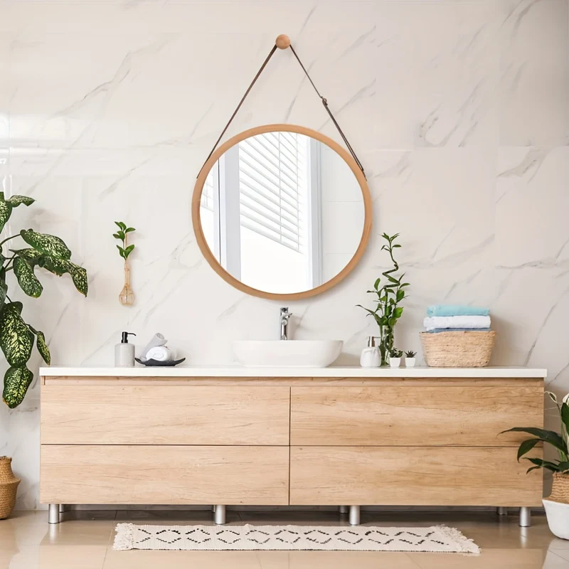 Miroir Salle de Bain Rond Bois 38 cm - Style Scandinave avec Sangle Murale