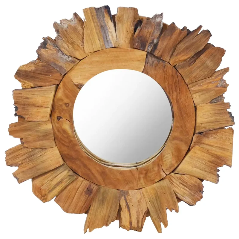 Miroir Rond Bois Flotté 40 cm – Cadre Pétales Soleil en Teck